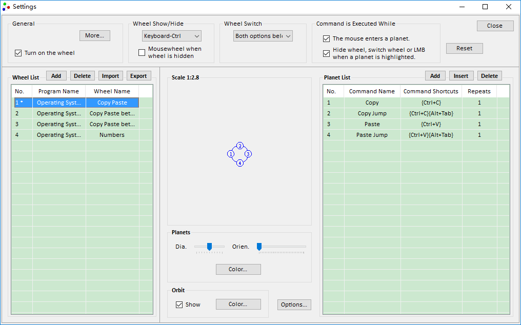 PlanetWheelShortcuts settings form